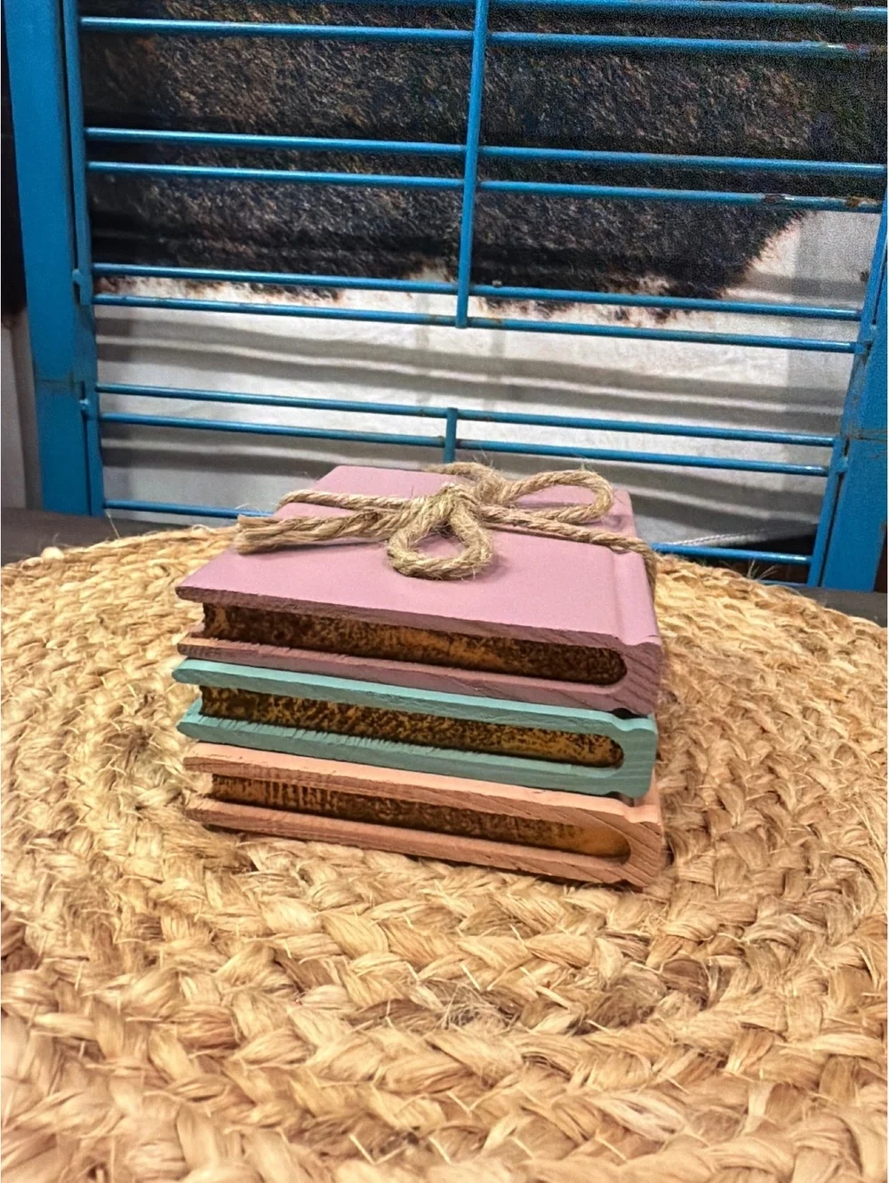 Set of 3 Decorative Wooden Books with Rope Tie in Pastel Colors